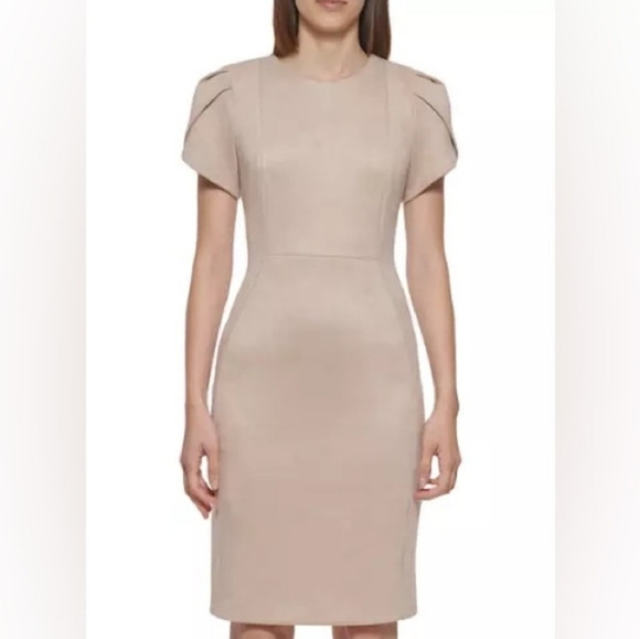 NWOT Calvin Klein Faux-Suede Tulip Sleeve Sheath Dress Light Pink Size 8 Bodycon - Picture 15 of 16